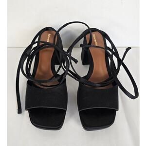 Reformation Magda Tie Platform Heels Black Satin Wrap Sandal Sz 7